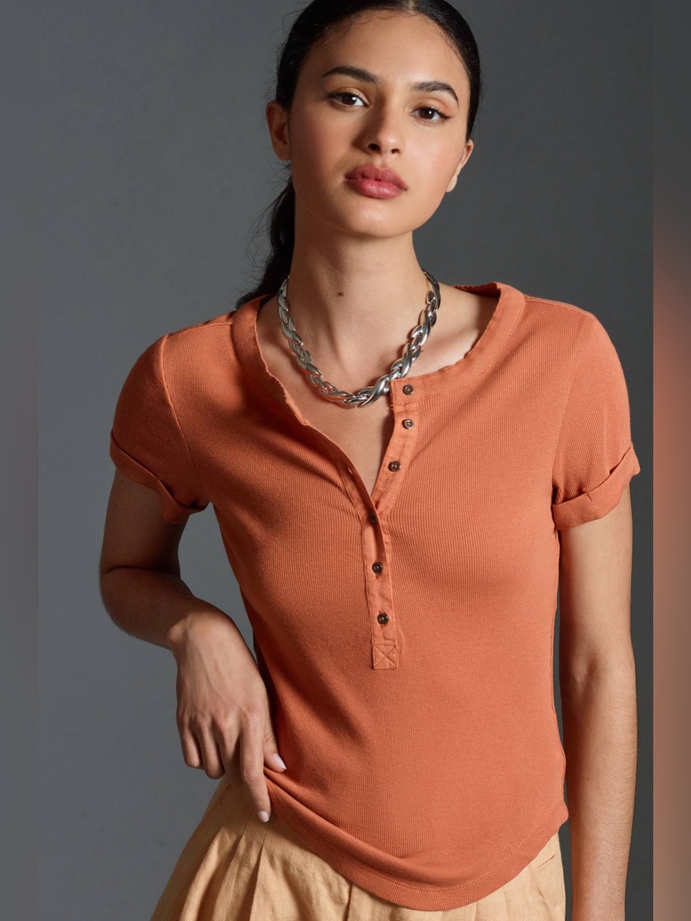 The Andie Ribbed Henley Top by Pilcro: Short-Sleeve Edition